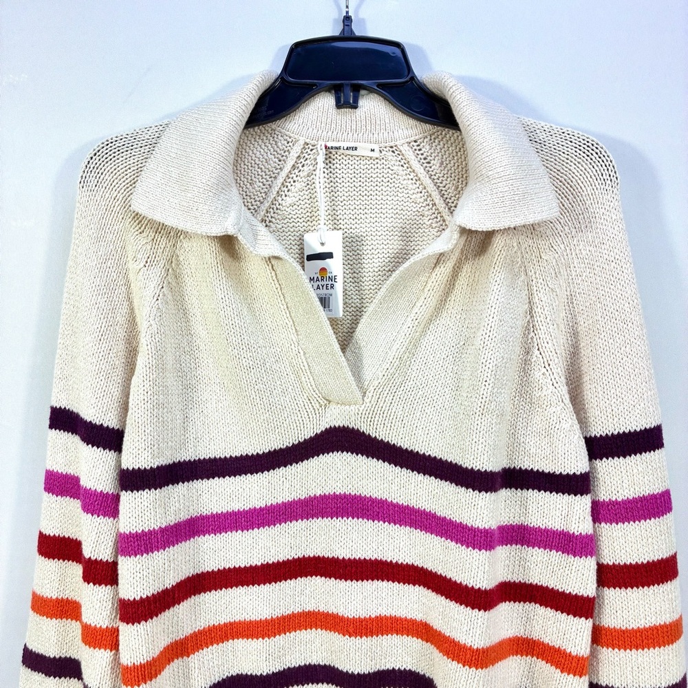 Marine Layer Claire Relaxed Sweater Polo Merino Wool Cotton L Warm Stripe NWT - Picture 8 of 16